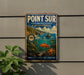 A vintage-style metal sign for the Point Sur State Marine Reserve in California, featuring a scenic ocean landscape with a fish, a rock formation, and a plant.