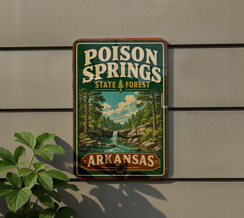 A vintage-style sign for Poison Springs State Forest in Arkansas, featuring a scenic illustration of a forest and a waterfall.