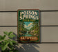A vintage-style sign for Poison Springs State Forest in Arkansas, featuring a scenic illustration of a forest and a waterfall.