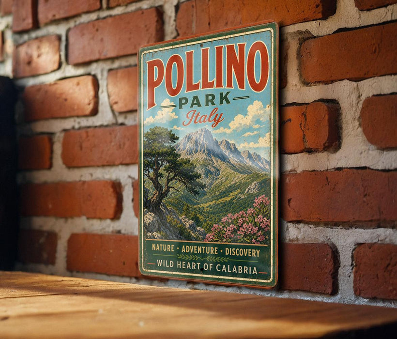 A vintage-style metal sign for Pollino Park in Italy, featuring a scenic mountain landscape and text promoting the park's offerings of nature, adventure, discovery, and the wild heart of Calabria.