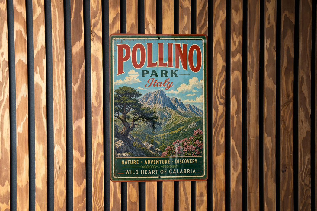 A vintage metal sign for Pollino Park in Italy, featuring a scenic mountain landscape with a tree and flowers.