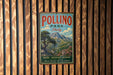 A vintage metal sign for Pollino Park in Italy, featuring a scenic mountain landscape with a tree and flowers.
