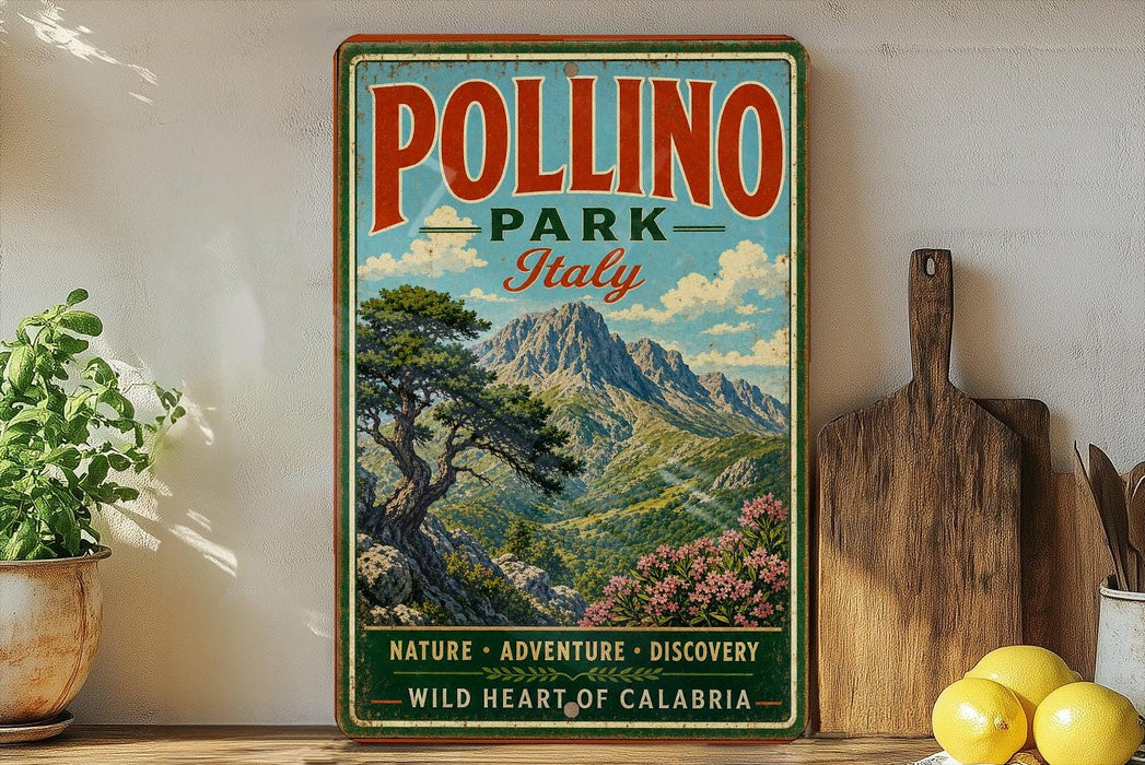 A vintage-style poster of Pollino Park in Italy, featuring a scenic mountain landscape with a pine tree and flowers, is displayed on a wall next to a wooden cutting board and some potted plants.
