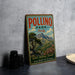 A vintage metal sign for Pollino Park in Italy, featuring a scenic mountain landscape and text promoting the park's offerings.