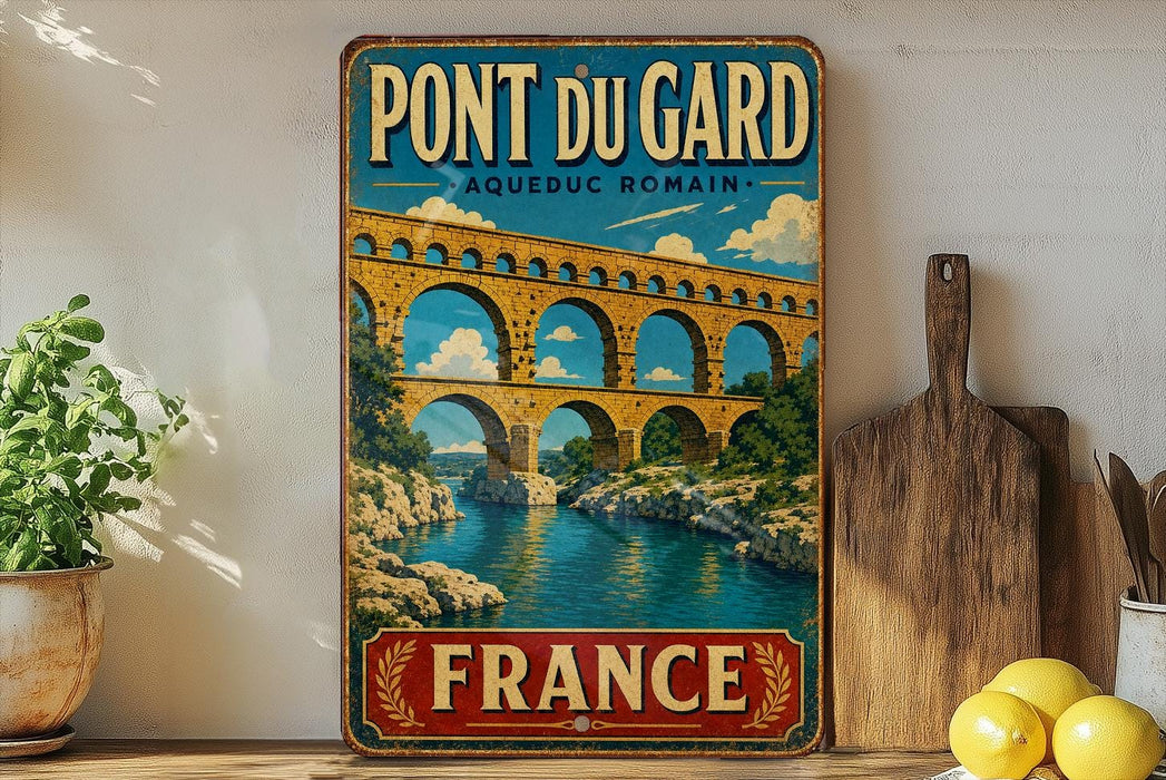 A vintage-style metal sign for the Pont du Gard in France, featuring a picturesque illustration of the aqueduct and the river below.