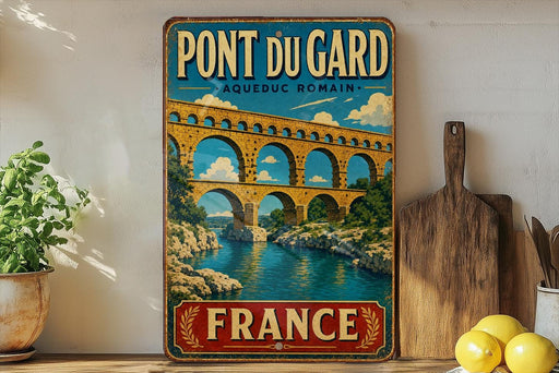 A vintage-style metal sign for the Pont du Gard in France, featuring a picturesque illustration of the aqueduct and the river below.
