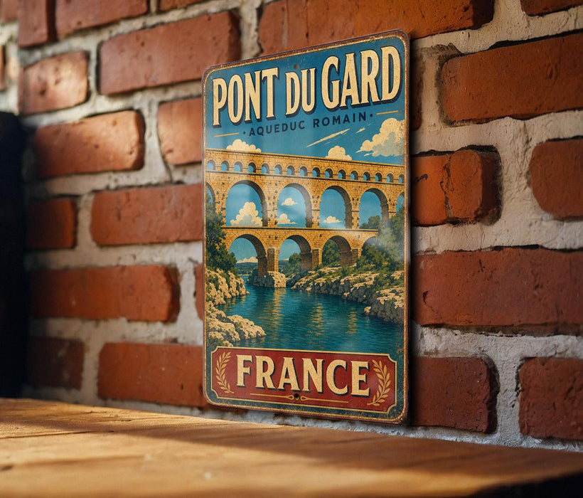 A vintage-style metal sign displaying the name "PONT DU GARD" and the location "AQUEDUC ROMAIN" is mounted on a brick wall.