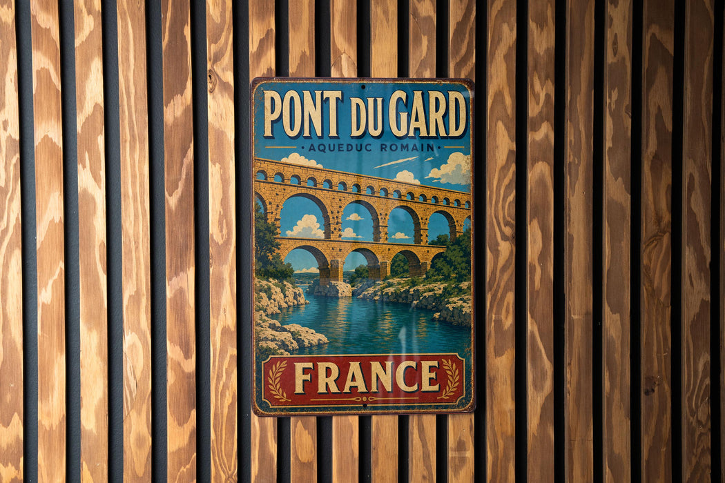 A vintage metal sign with the text "PONT DU GARD" and "AQUEDUC ROMAIN" hangs on a wooden wall.
