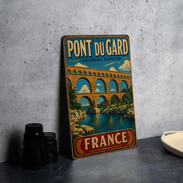 A vintage-style metal sign for the Pont du Gard in France, featuring an illustration of the famous aqueduct.