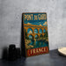 A vintage-style metal sign for the Pont du Gard in France, featuring an illustration of the famous aqueduct.
