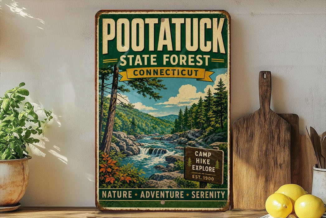 A vintage-style metal sign for the Pootatuck State Forest in Connecticut, featuring a scenic landscape with a river, pine trees, and mountains.