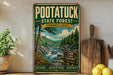 A vintage-style metal sign for the Pootatuck State Forest in Connecticut, featuring a scenic landscape with a river, pine trees, and mountains.