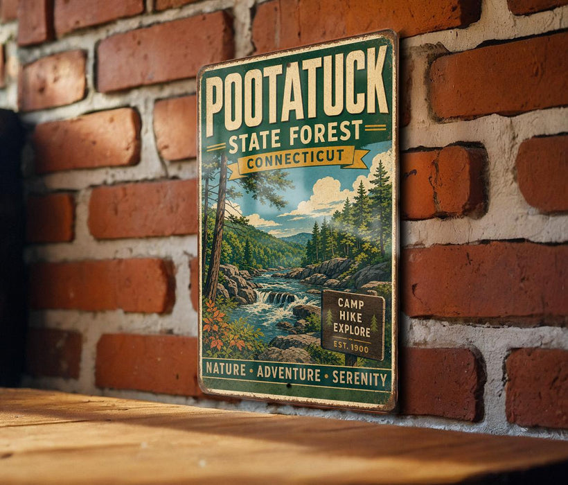 A vintage-style metal sign for the Pootatuck State Forest in Connecticut, featuring a scenic illustration of a forest and a waterfall.