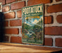 A vintage-style metal sign for the Pootatuck State Forest in Connecticut, featuring a scenic illustration of a forest and a waterfall.