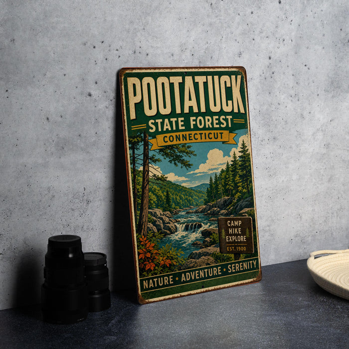 A vintage-style metal sign for the Pootatuck State Forest in Connecticut, featuring a scenic illustration of a forest and a waterfall.