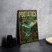 A vintage-style metal sign for the Pootatuck State Forest in Connecticut, featuring a scenic illustration of a forest and a waterfall.