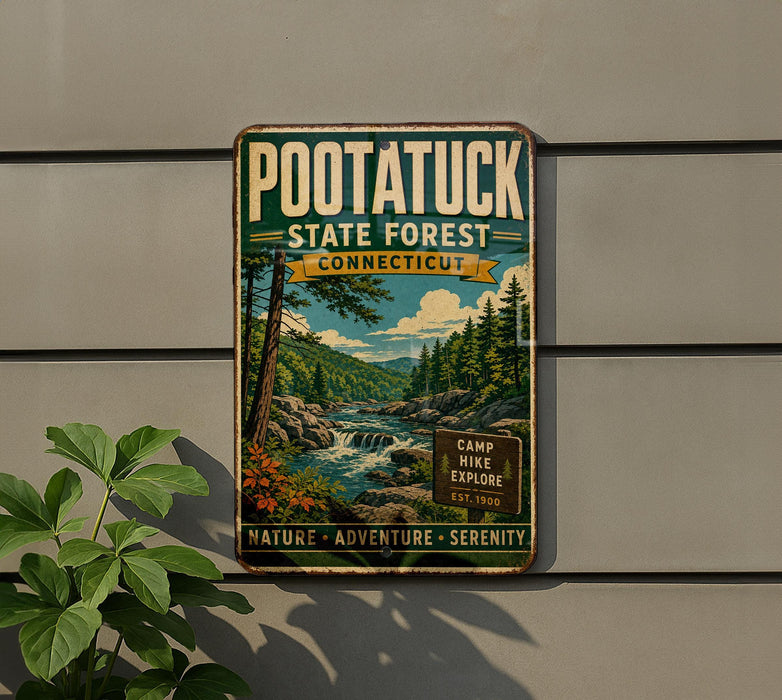A vintage-style metal sign for the Pootatuck State Forest in Connecticut, featuring a scenic landscape with a waterfall and pine trees.
