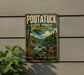A vintage-style metal sign for the Pootatuck State Forest in Connecticut, featuring a scenic landscape with a waterfall and pine trees.