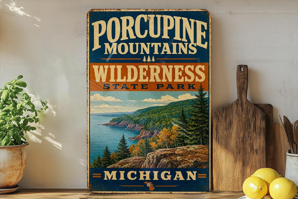 A vintage-style sign for Porcupine Mountain State Park in Michigan, featuring a scenic mountain landscape with pine trees and a lake.