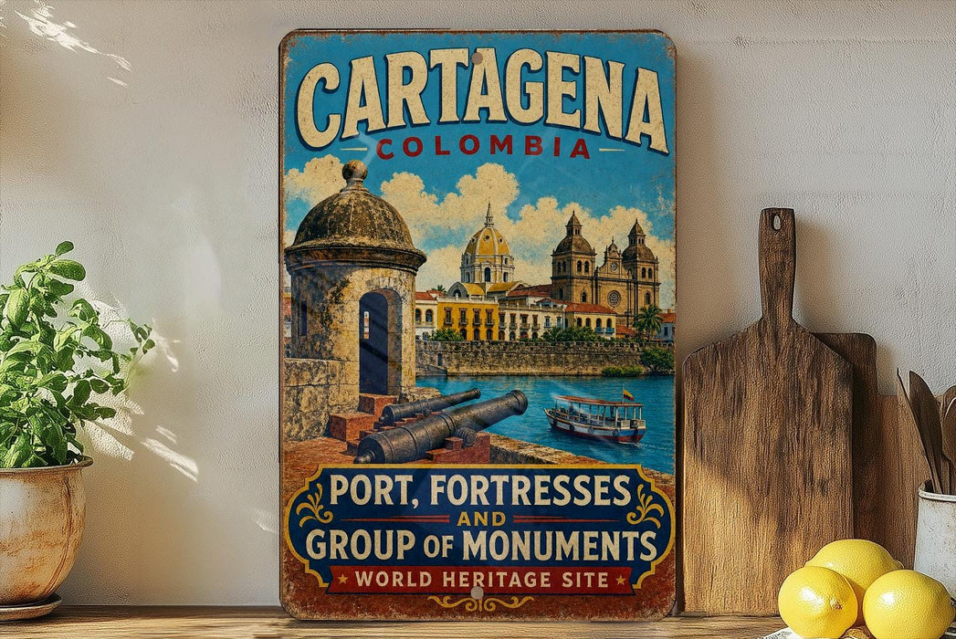 A vintage-style metal sign for Cartagena, Colombia, featuring a colorful illustration of the city's landmarks and a ship on the water.