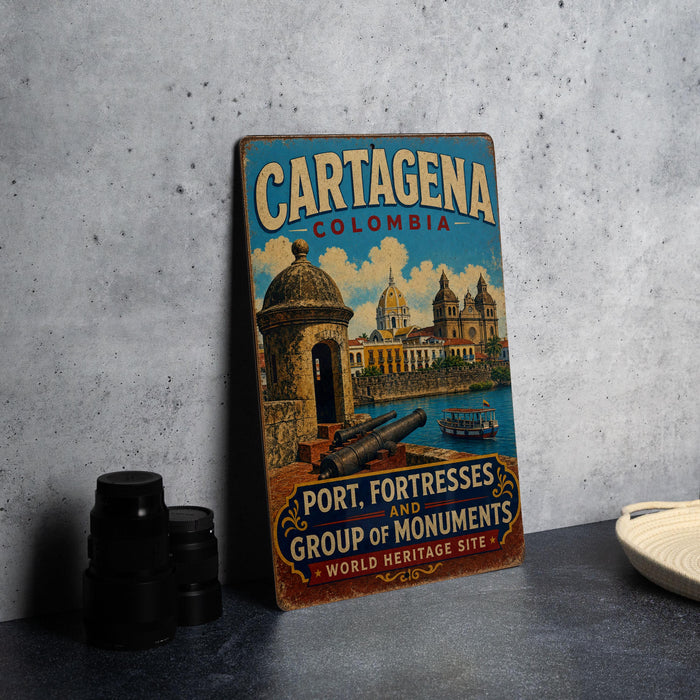 A vintage travel poster for Cartagena, Colombia, featuring the city's fortresses and monuments, with a boat on the water.