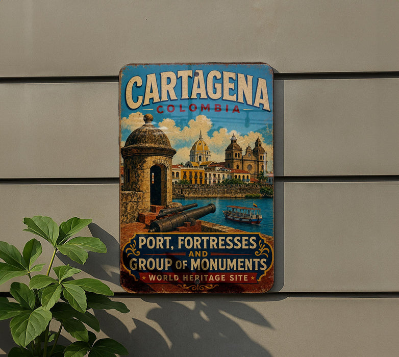 A vintage-style metal sign for Cartagena, Colombia, featuring a colorful illustration of the city's landmarks and a boat on the water.