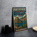 A vintage metal sign advertising Portovenere and Cinque Terre, Italy, with a scenic illustration of the island and its surroundings.