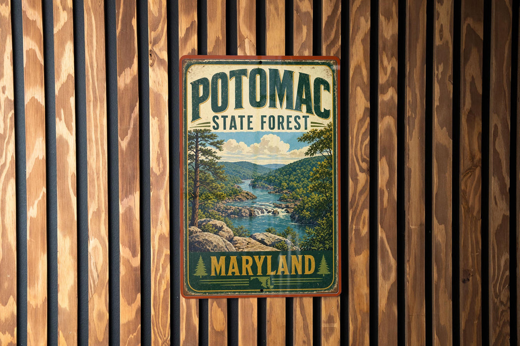 A vintage metal sign for Potomac State Forest in Maryland, featuring a scenic landscape with a river, mountains, and trees.