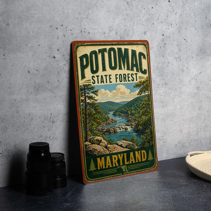 A vintage-style metal sign for Potomac State Forest in Maryland, featuring a scenic landscape with a river and mountains.
