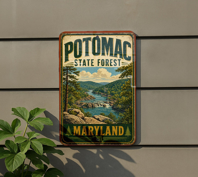 A vintage-style metal sign for Potomac State Forest in Maryland, featuring a scenic landscape with a river, mountains, and trees.