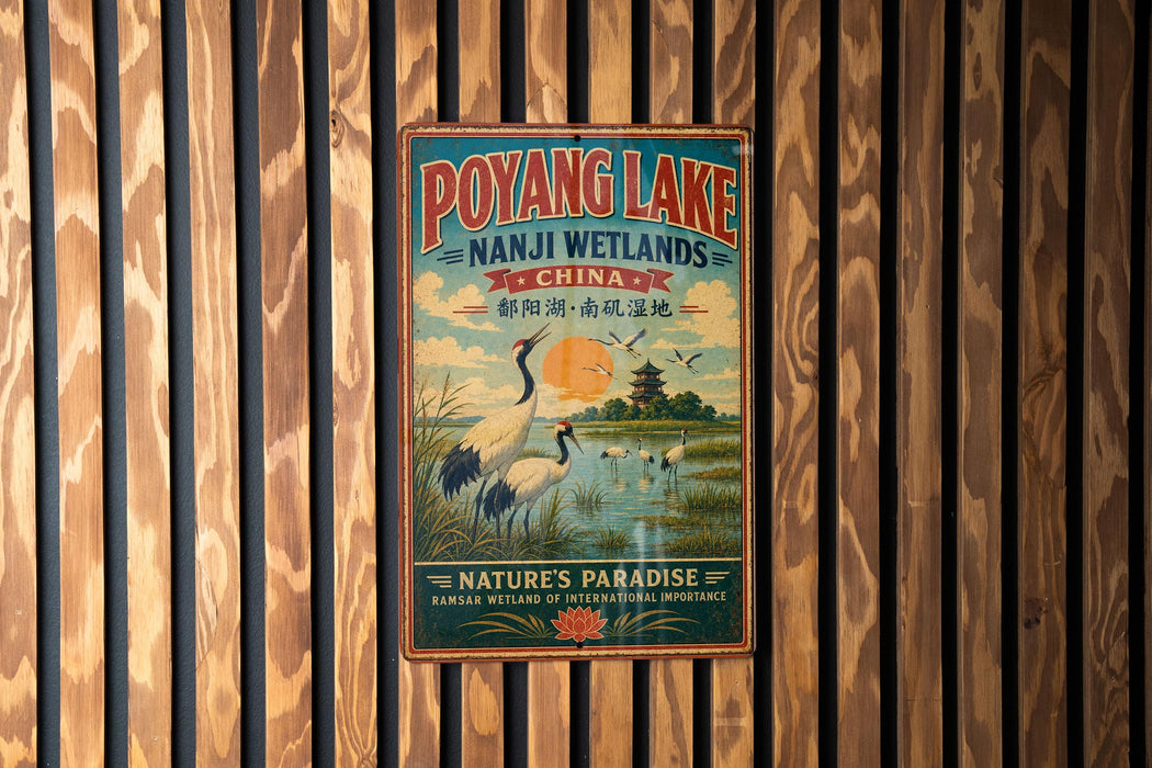 A vintage-style metal sign for Poyang Lake, a famous landmark in China, featuring a serene landscape with birds and a pagoda in the background.