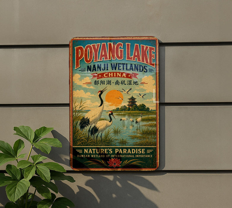 A vintage-style metal sign advertising Poyang Lake, Nanji Wetlands, and China, featuring a scenic landscape with cranes and a temple.