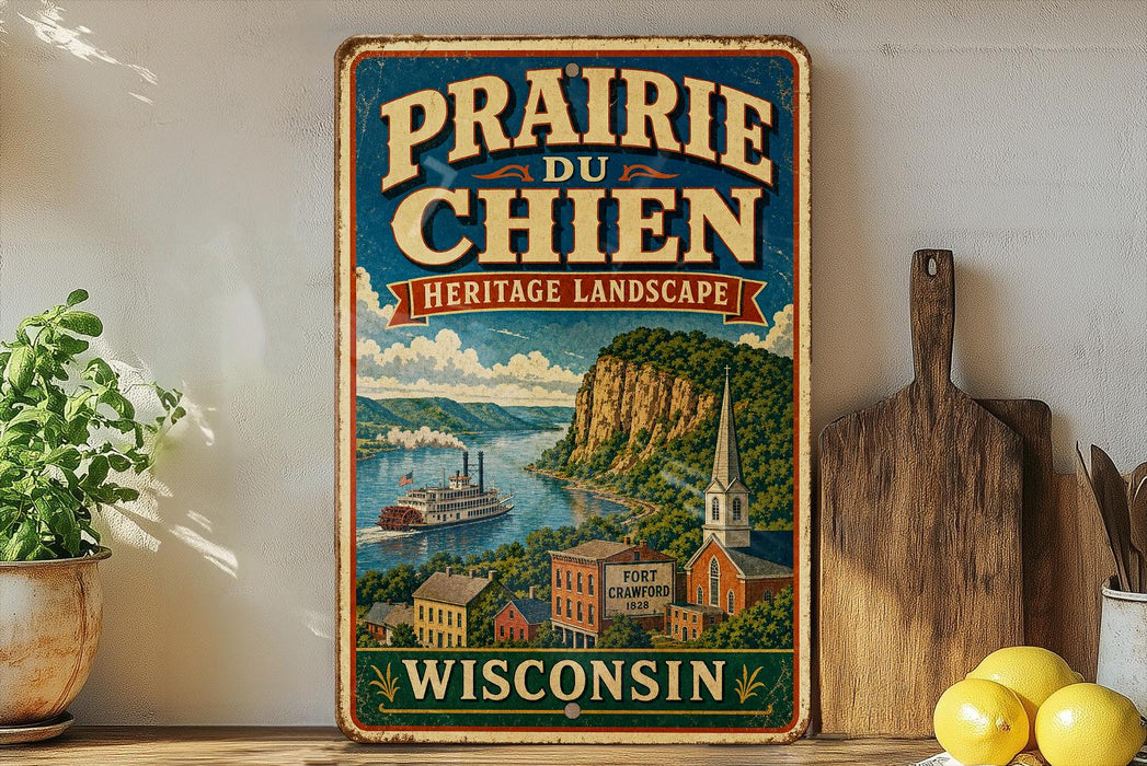 a vintage-style sign for Prairie du Chien, Wisconsin, with a scenic illustration of a river, buildings, and a church.