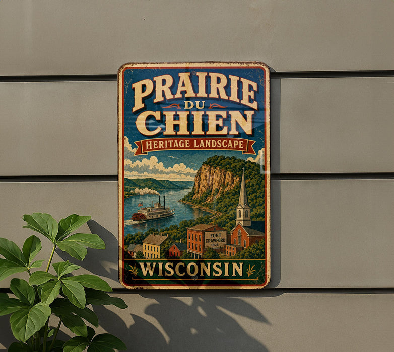 A vintage-style metal sign for Prairie du Chien, Wisconsin, featuring a scenic landscape with a river, buildings, and a church steeple.