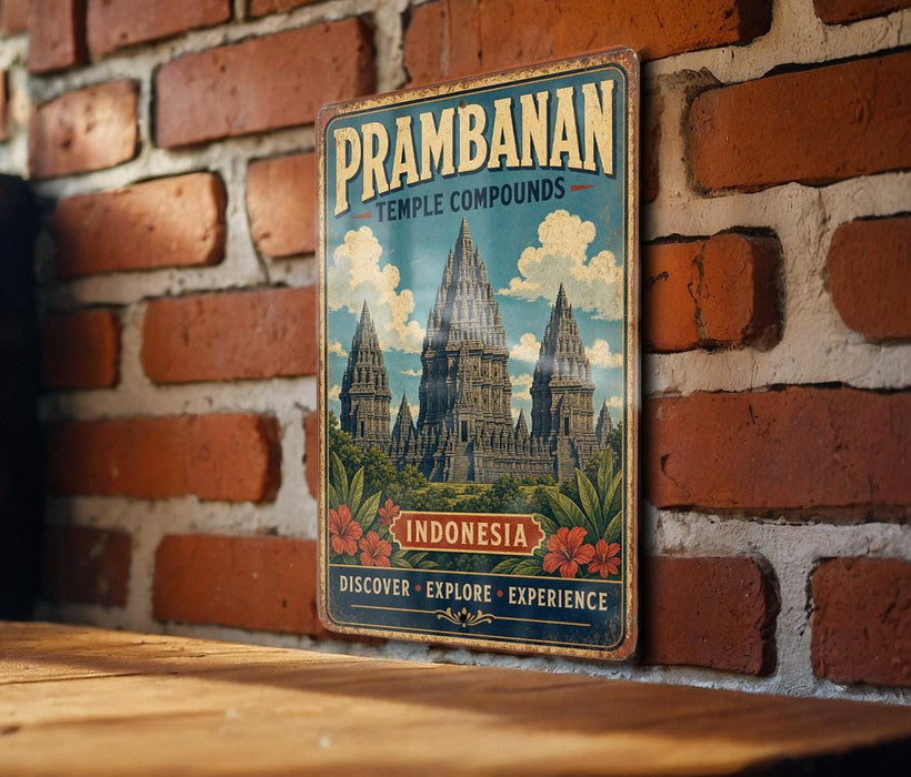 A vintage-style metal sign with the text "Prambanan Temple Compounds" and "Indonesia" is displayed on a brick wall.
