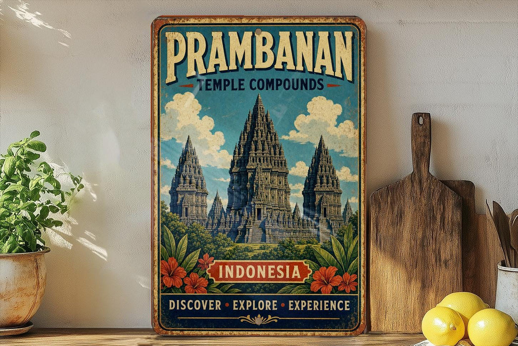 a vintage-style poster of the Prambanan Temple in Indonesia, with a wooden frame and a vintage-style design. The poster is displayed on a shelf next to a wooden cutting board and a potted plant.