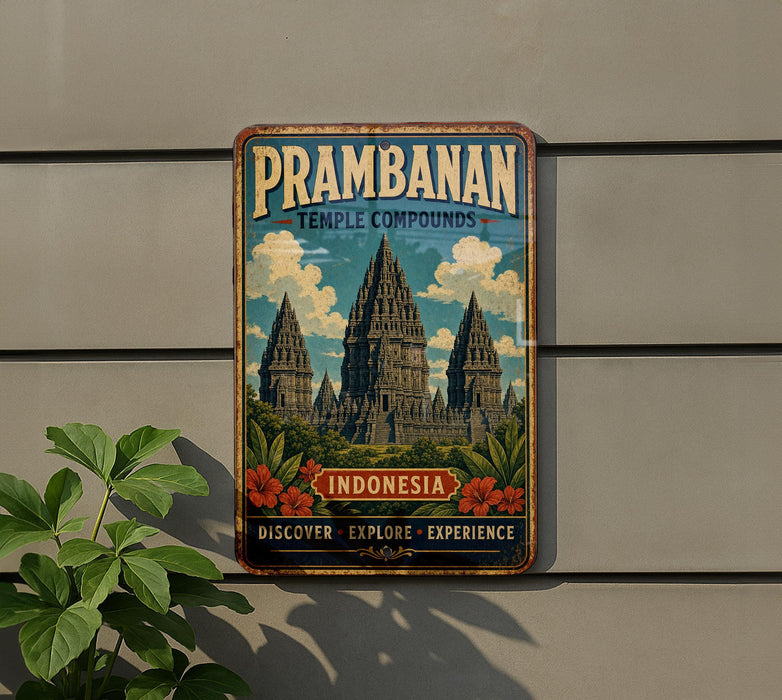 a vintage-style metal sign with a temple illustration, mounted on a wall.