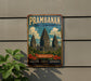a vintage-style metal sign with a temple illustration, mounted on a wall.