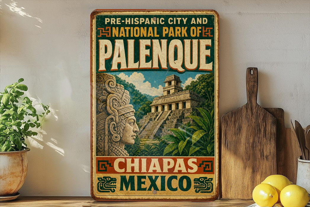 A vintage-style sign for the National Park of Palenque, Mexico, featuring an illustration of a Mayan temple surrounded by lush tropical foliage.