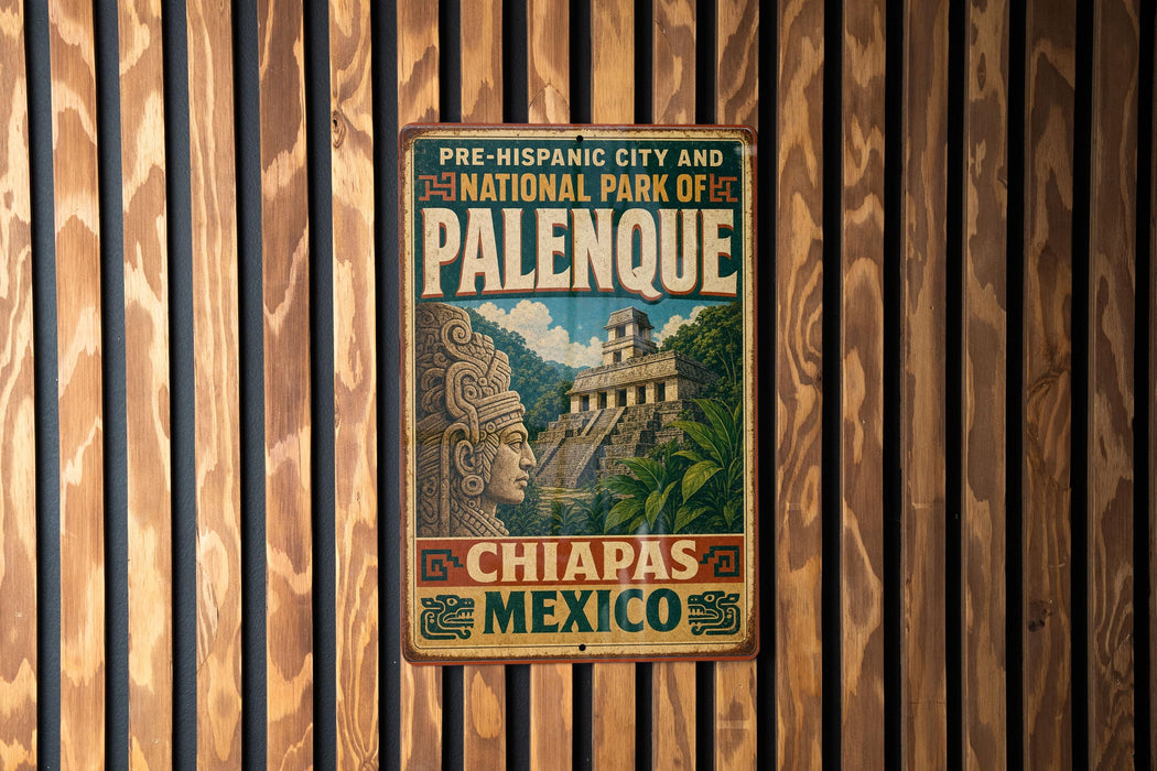 A vintage-style metal sign with text and an illustration of a temple, hanging on a wooden wall.