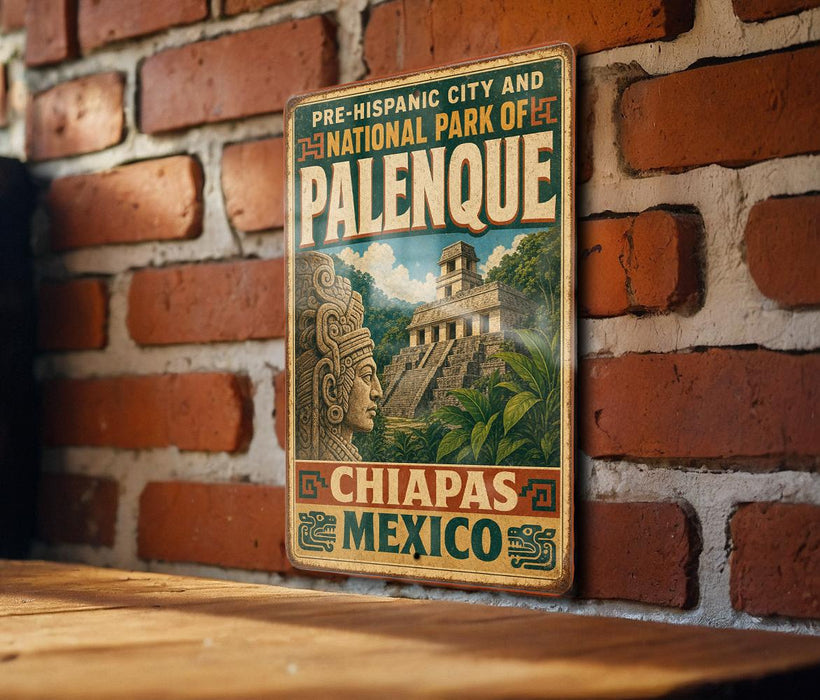 A vintage-style metal sign with the text "PRE-HISPANIC CITY AND THE NATIONAL PARK OF PALENQUE CHIAPAS MEXICO" and an illustration of a temple or pyramid surrounded by lush vegetation.