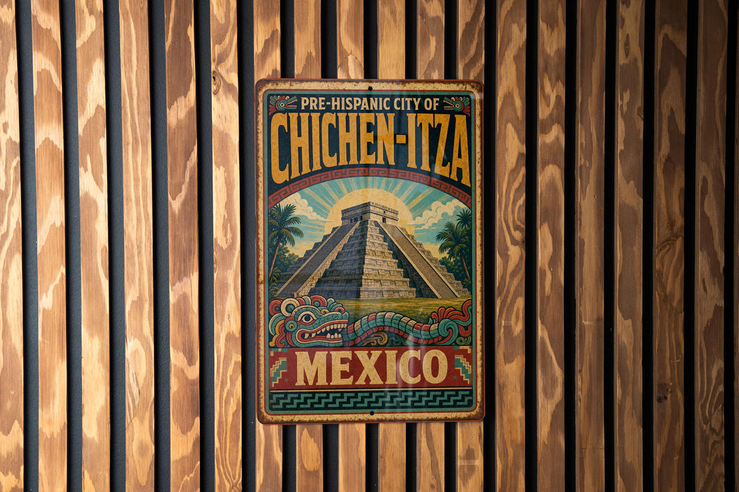 A vintage metal sign with a colorful illustration of a pyramid and a dragon, mounted on a wooden wall.