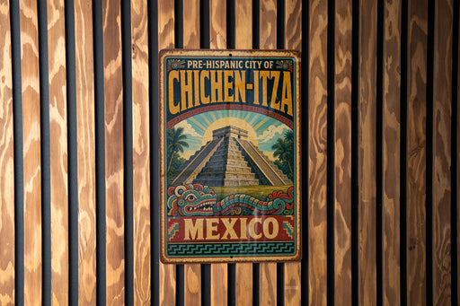 A vintage metal sign with a colorful illustration of a pyramid and a dragon, mounted on a wooden wall.