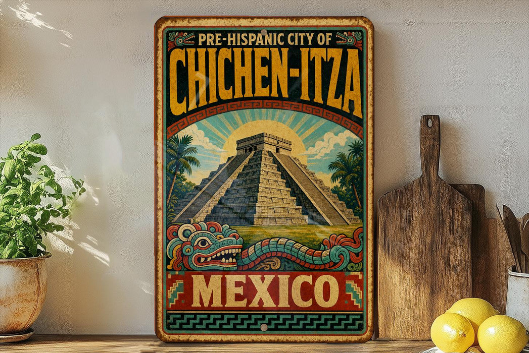 A vintage-style metal sign with a colorful illustration of the Mayan pyramid of Chichen Itza in Mexico, surrounded by decorative elements and a wooden cutting board.