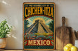 A vintage-style metal sign with a colorful illustration of the Mayan pyramid of Chichen Itza in Mexico, surrounded by decorative elements and a wooden cutting board.