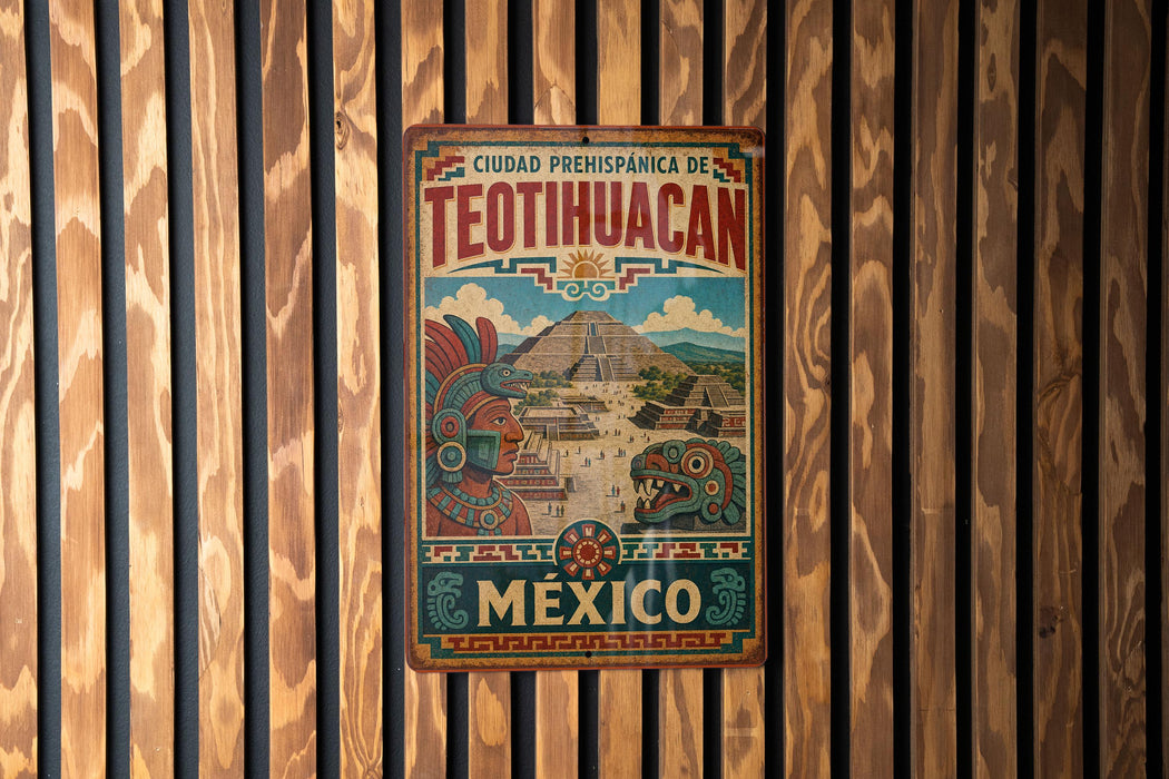 A vintage metal sign with the text "CUADAD PREHISPANICA DE TEOTIHUACAN" and "MEXICO" is displayed on a wooden wall.