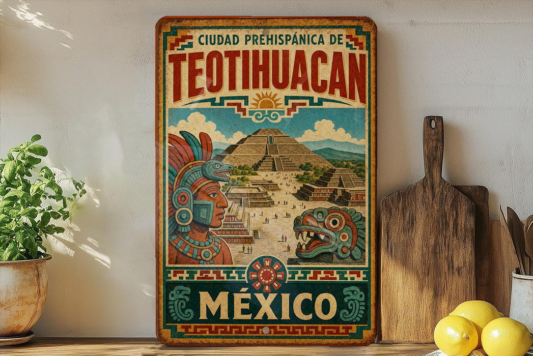 a colorful poster of Teotihuacan, an ancient Mesoamerican city, displayed on a wall.
