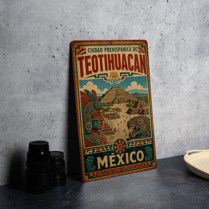 A vintage-style metal sign with colorful illustrations and text, advertising Teotihuacan, a significant ancient Mesoamerican city.