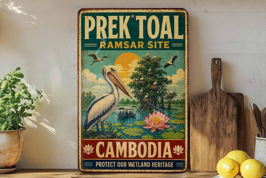 a vintage metal sign with a colorful illustration of a pelican and a pond, along with text that reads "Prey Toal Ramsar Site Cambodia Protect our wetlands heritage".