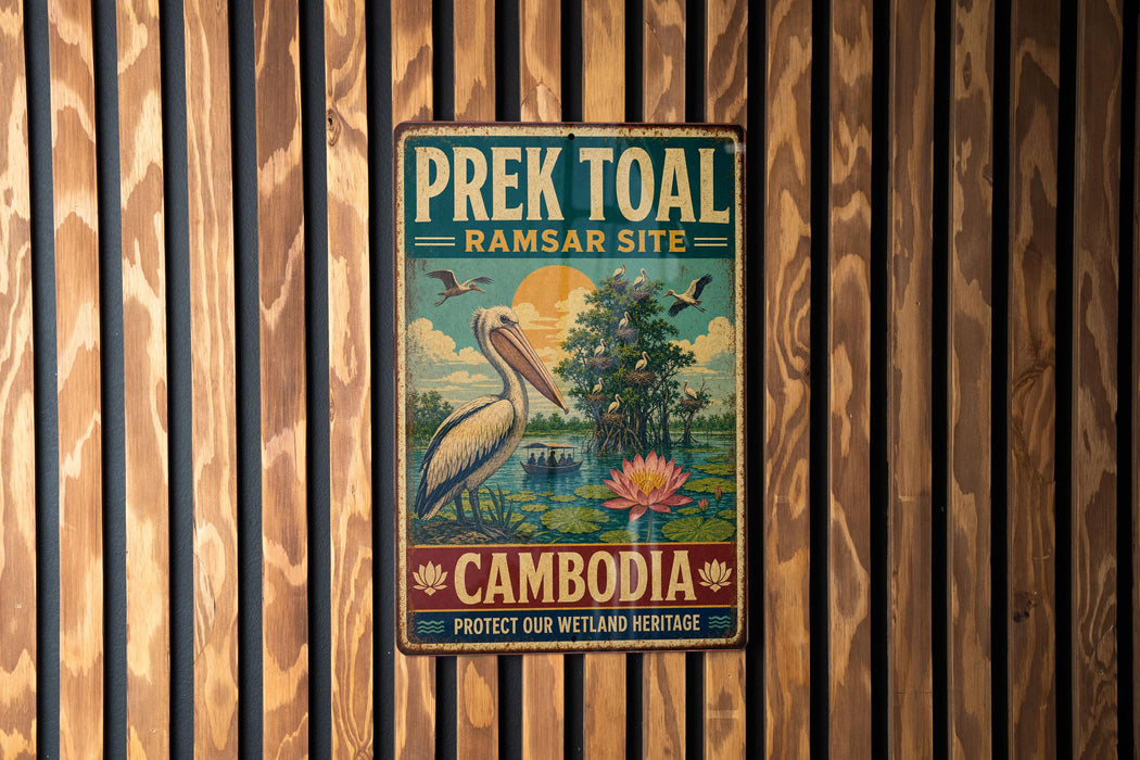 A vintage metal sign with a bird illustration and text, mounted on a wooden wall.
